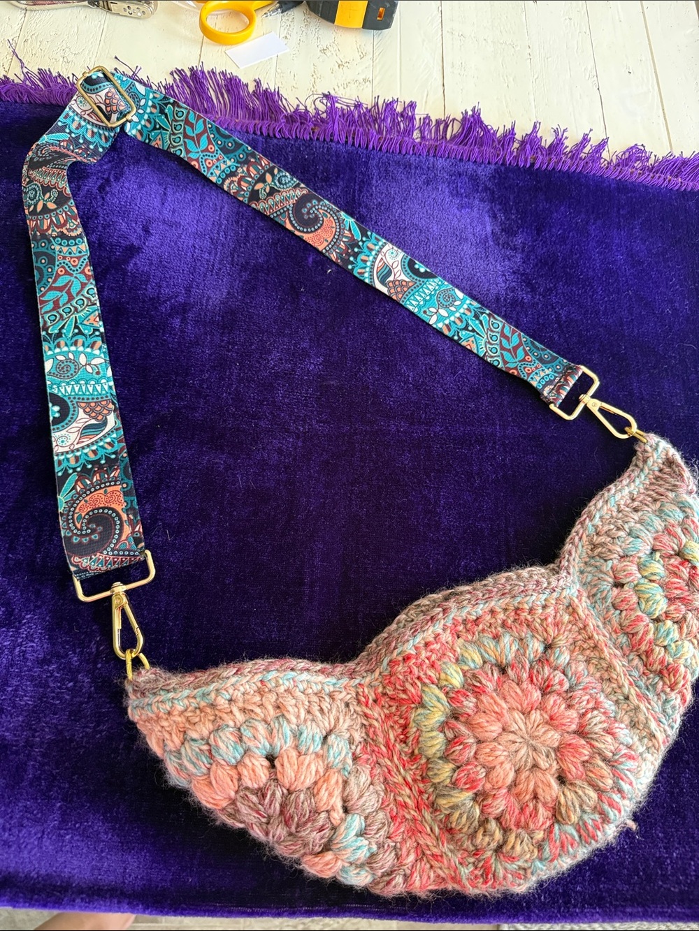 Handmade Multicolor Crochet Crossbody Bag with Patterned paisley Strap